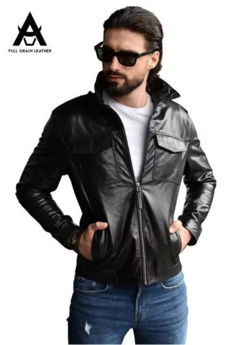 CHAQUETA DE CUERO NEGRO AVIADOR PARA HOMBRE