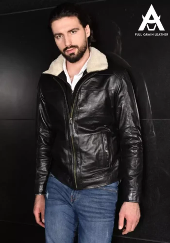 CHAQUETA DE CUERO CON CUELLO DE LANA DE OVEJA