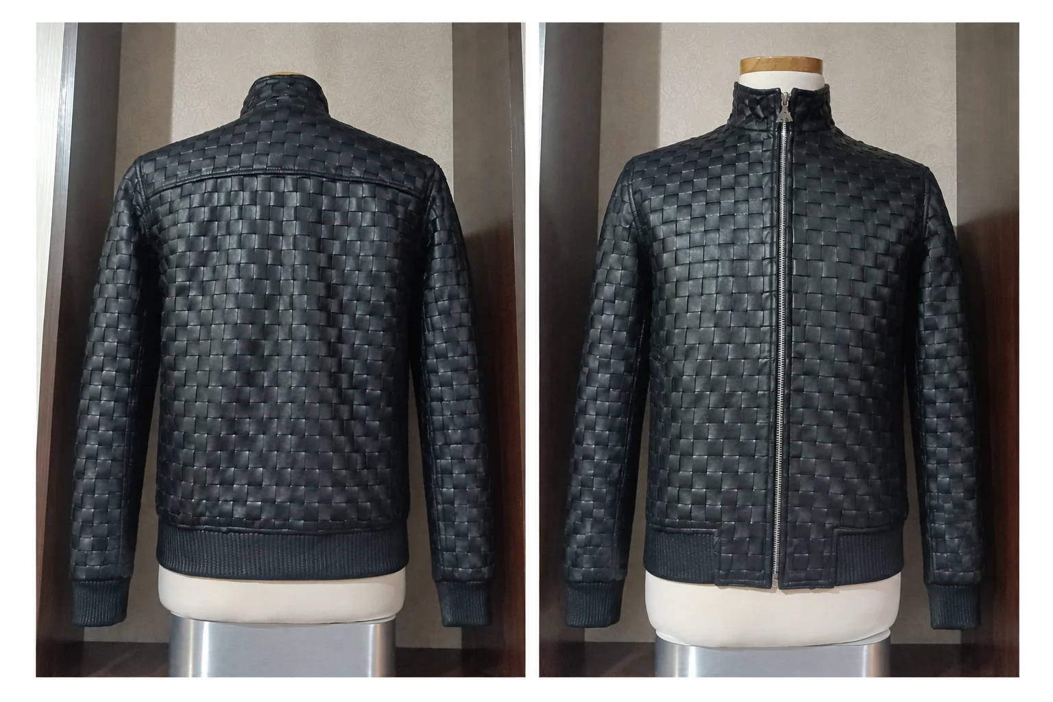 Casaca bomber de cuero con tejido trenzado hecha a medida, vista frontal y posterior