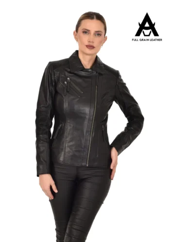 Casaca de cuero biker negra para mujer, modelo Atalanta, vista frontal