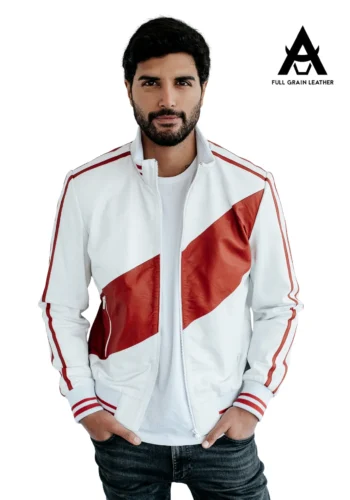 Casaca de cuero blanquirroja para hombre con franja diagonal roja, vista frontal