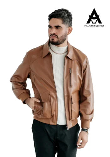 Casaca de cuero bomber camel para hombre, modelo Boreas, vista frontal