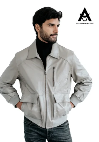 Casaca de cuero bomber gris para hombre, modelo Boreas, vista frontal