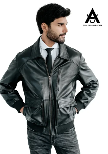 Casaca de cuero bomber negra para hombre, modelo Boreas, vista frontal