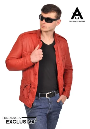Casaca de cuero camisera roja para hombre, modelo Orion