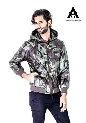 Casaca de cuero comando con capucha camuflada verde para hombre
