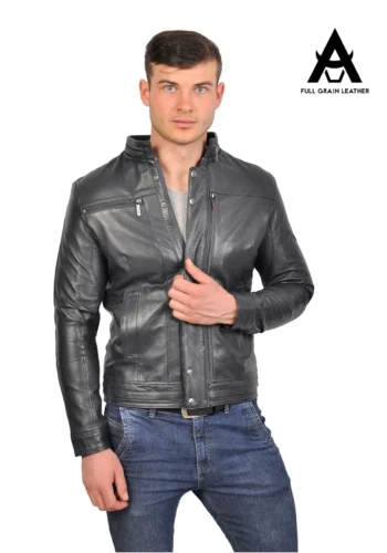 Casaca de cuero con broches azul acero para hombre, vista frontal