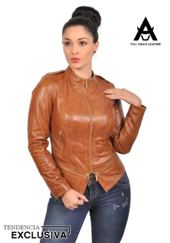 Casaca de cuero con faldon desmontable camel para mujer, modelo Selene