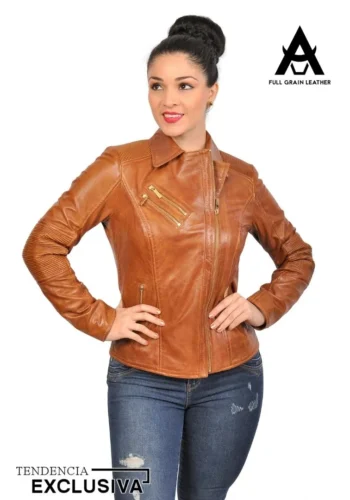 Casaca de cuero con solapa camel para mujer, modelo Hera