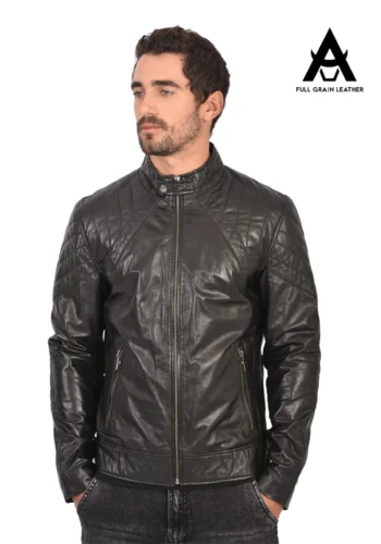 Casaca de cuero cuello nerú negra para hombre, vista frontal