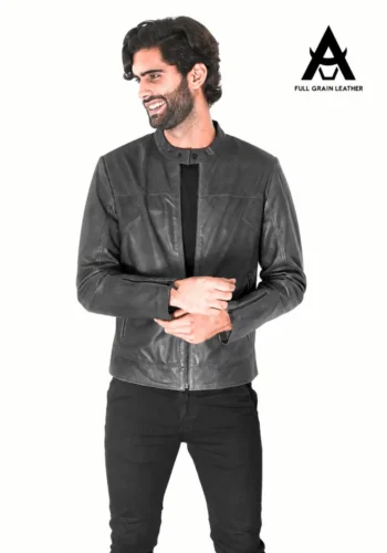 Casaca de cuero ploma para hombre, cuello nerú, modelo 202621