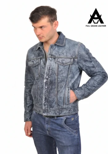 Casaca de cuero tipo jean azul jaspeada para hombre, modelo 2025918