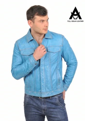 Casaca de cuero tipo jean celeste para hombre, modelo 2025918